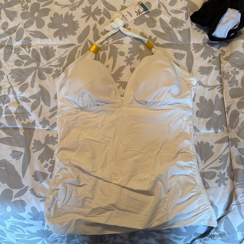 White Halter Swimsuit Tankini with Gold Accents. TUMMY CONTROL
